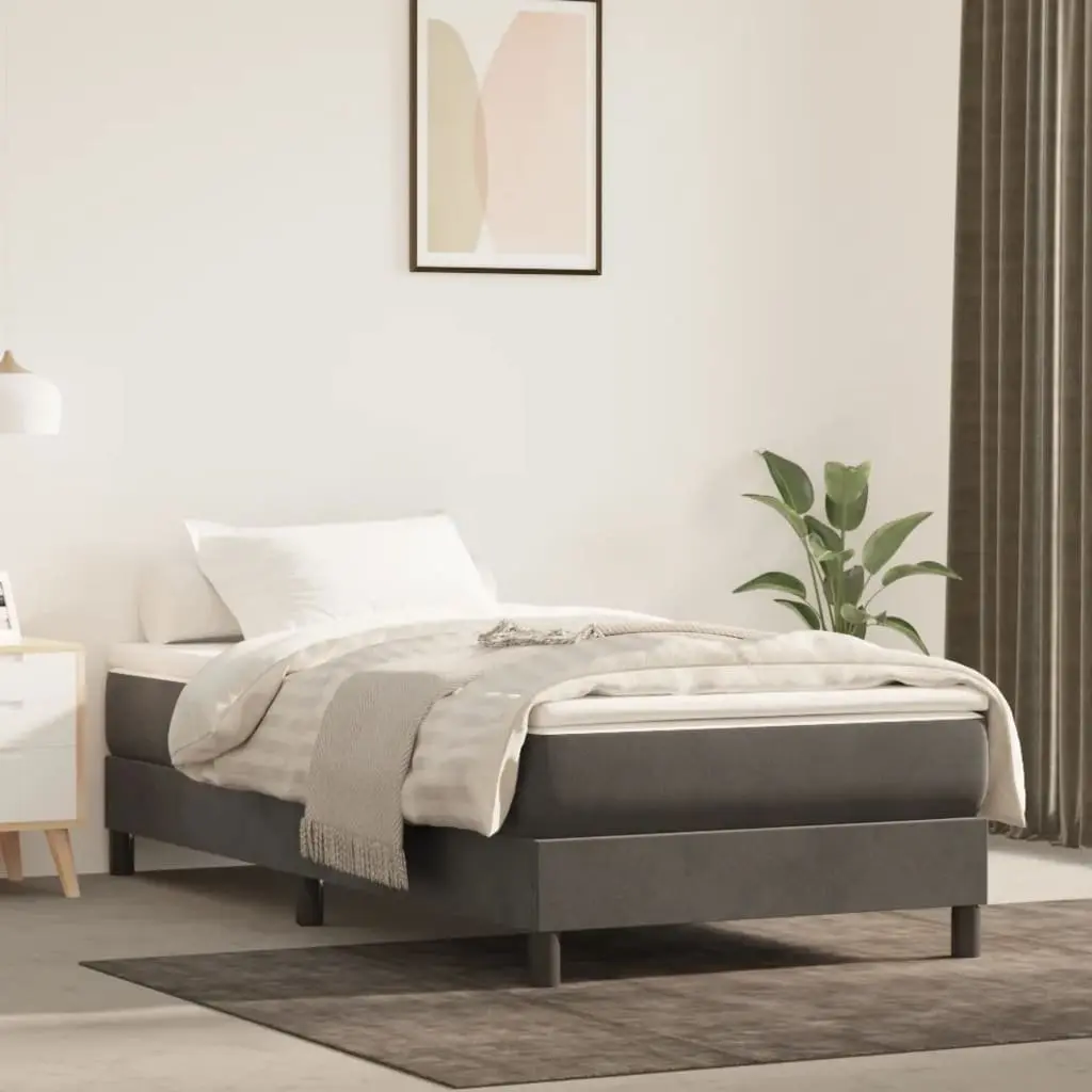 King Single Grey Velvet Upholstered Box Spring Bed Frame