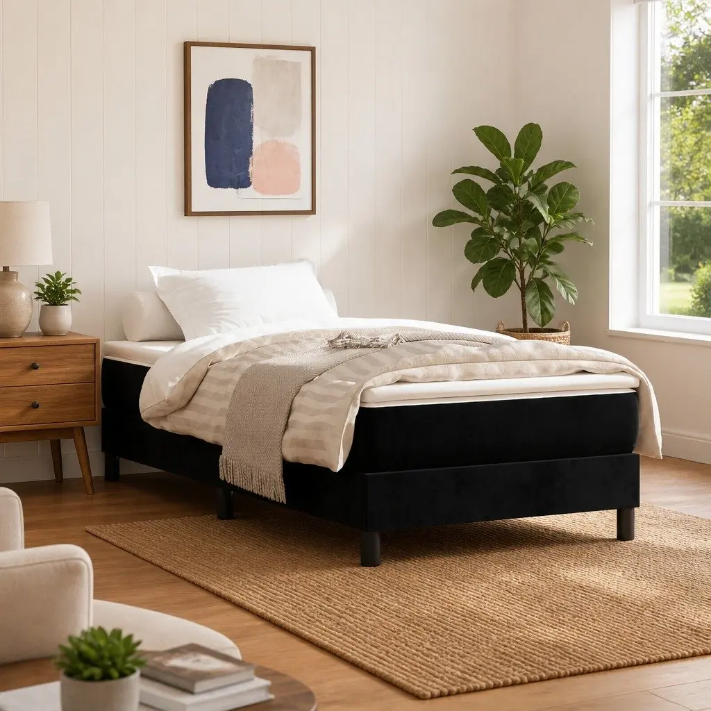 King Single Black Velvet Box Spring Bed Frame