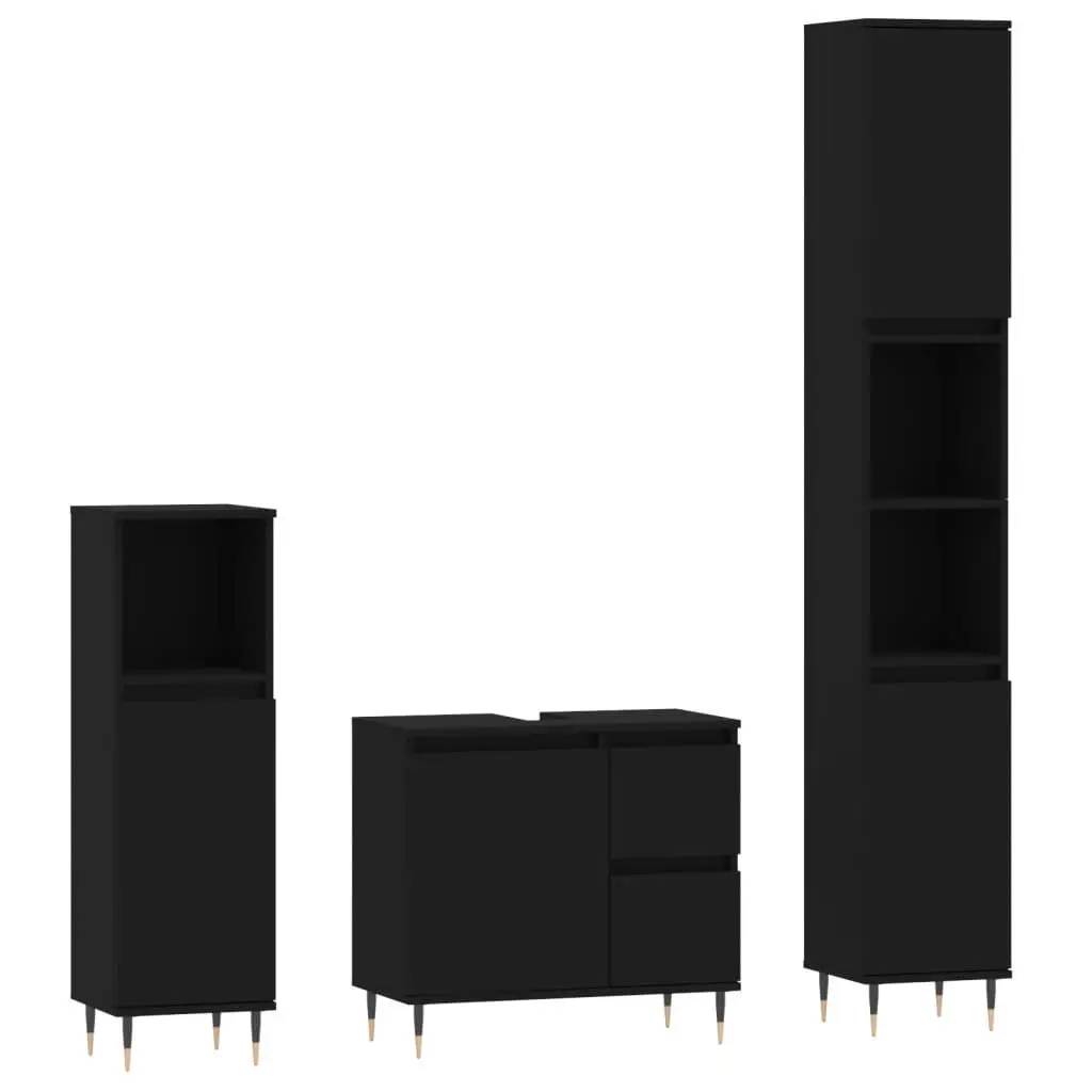 3 Piece Bathroom Furniture Set Engineered Wood Black