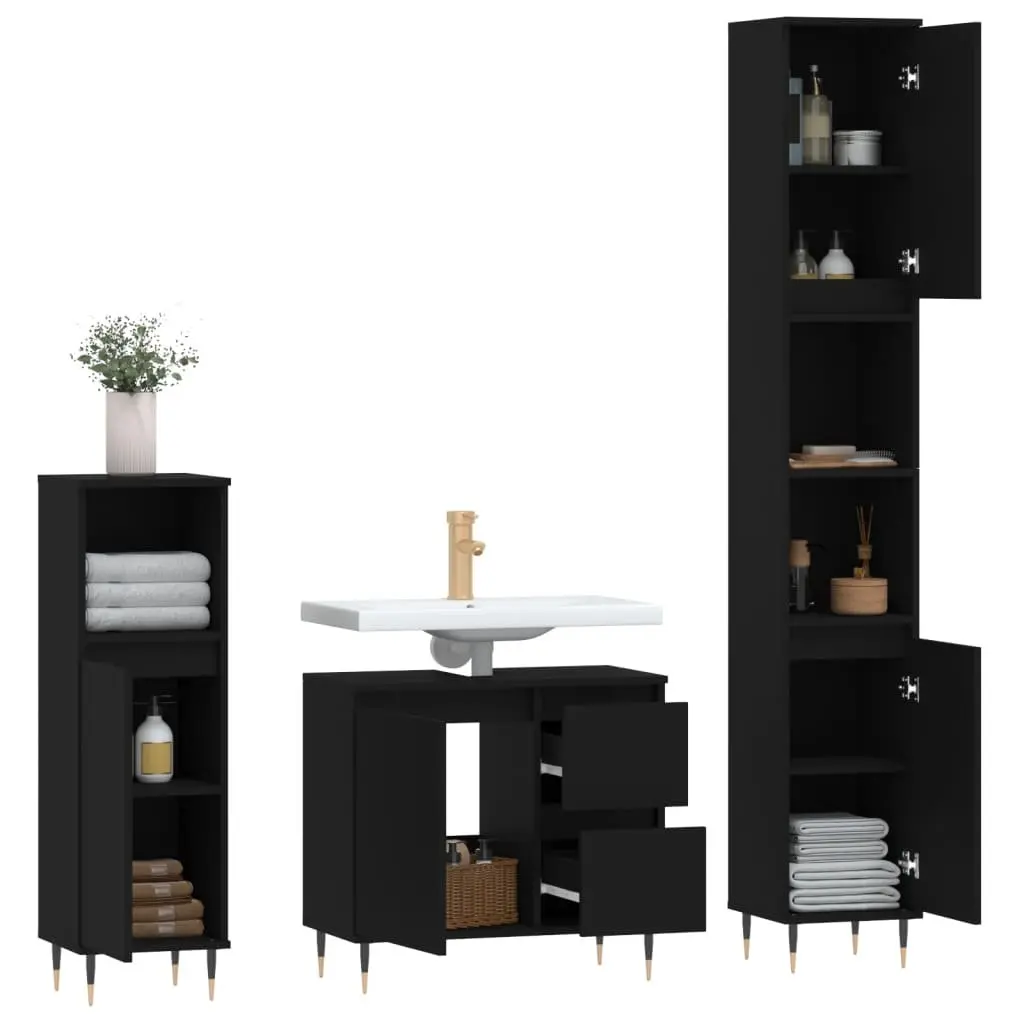 3 Piece Bathroom Furniture Set Engineered Wood Black