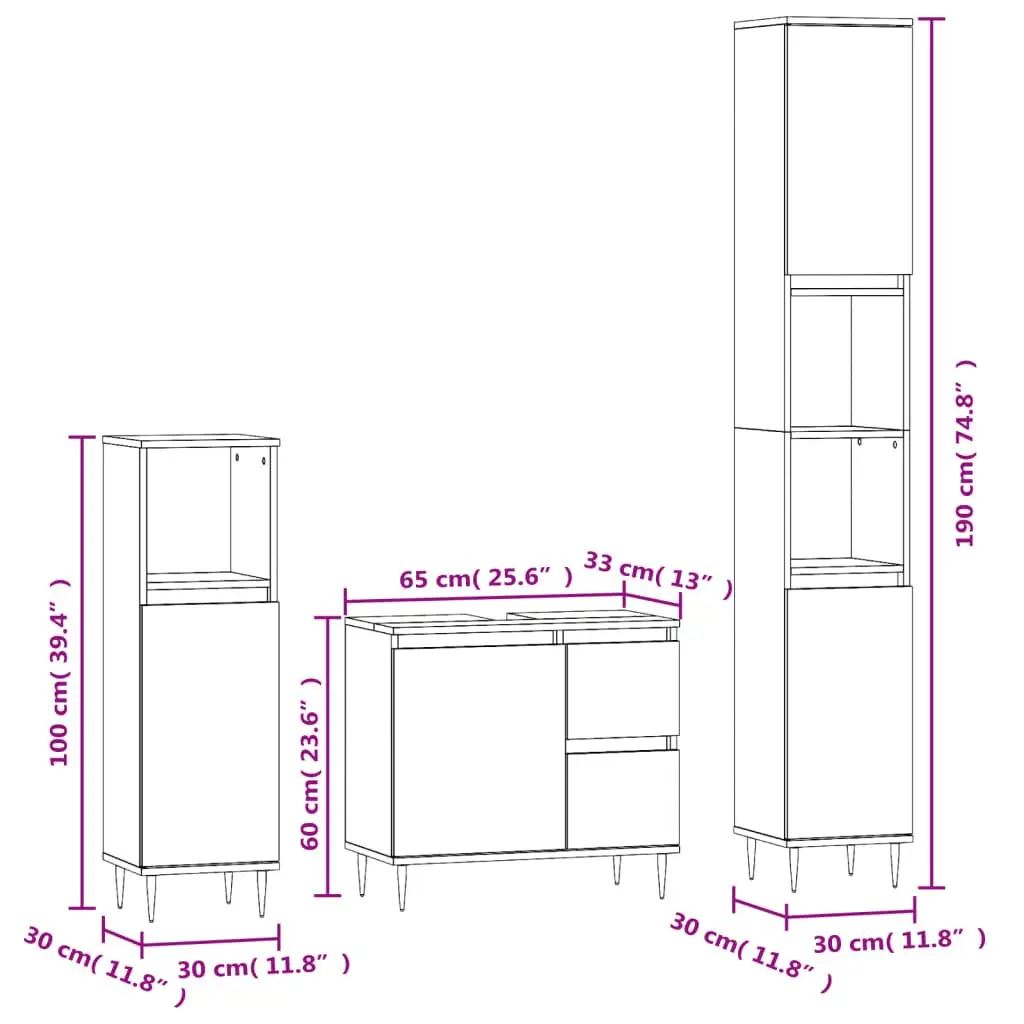 3 Piece Bathroom Furniture Set Engineered Wood Black