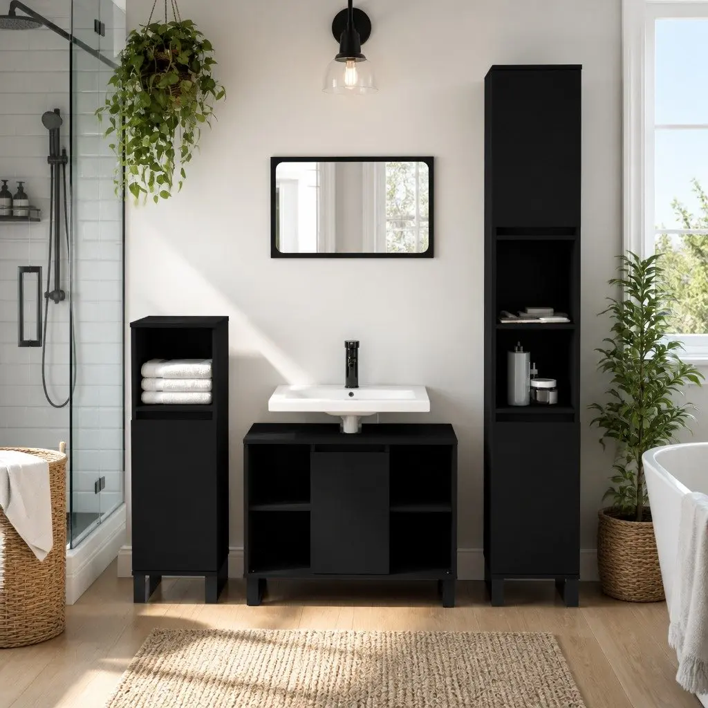 3 Piece Black Engineered Wood Bathroom Set