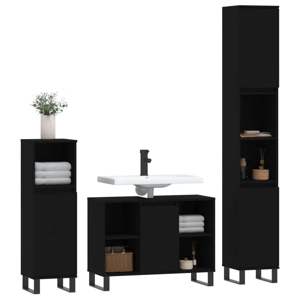 3 Piece Bathroom Furniture Set Engineered Wood Black Cabinet Sink Vanity Storage