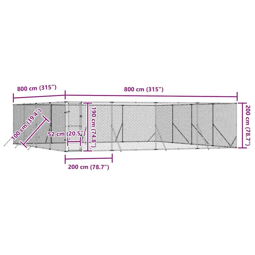 Dog Kennel Run Enclosure Galvanised Steel 8x8x2m Silver