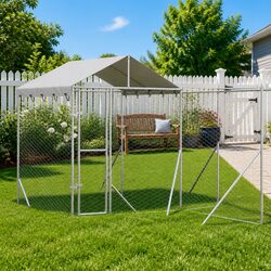 Silver Galvanised Steel Outdoor Dog Kennel with Roof