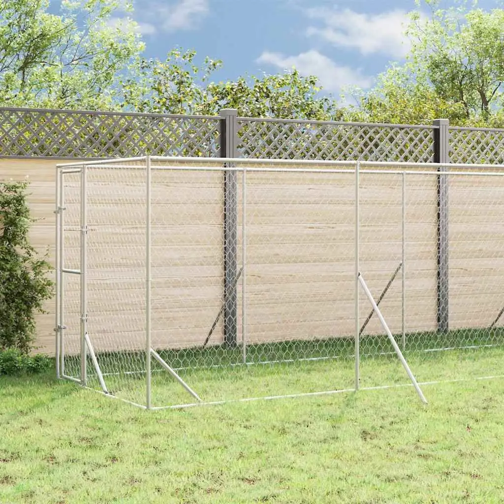 Outdoor Dog Kennel with Roof Silver Galvanised Steel Spacious Run Enclosure