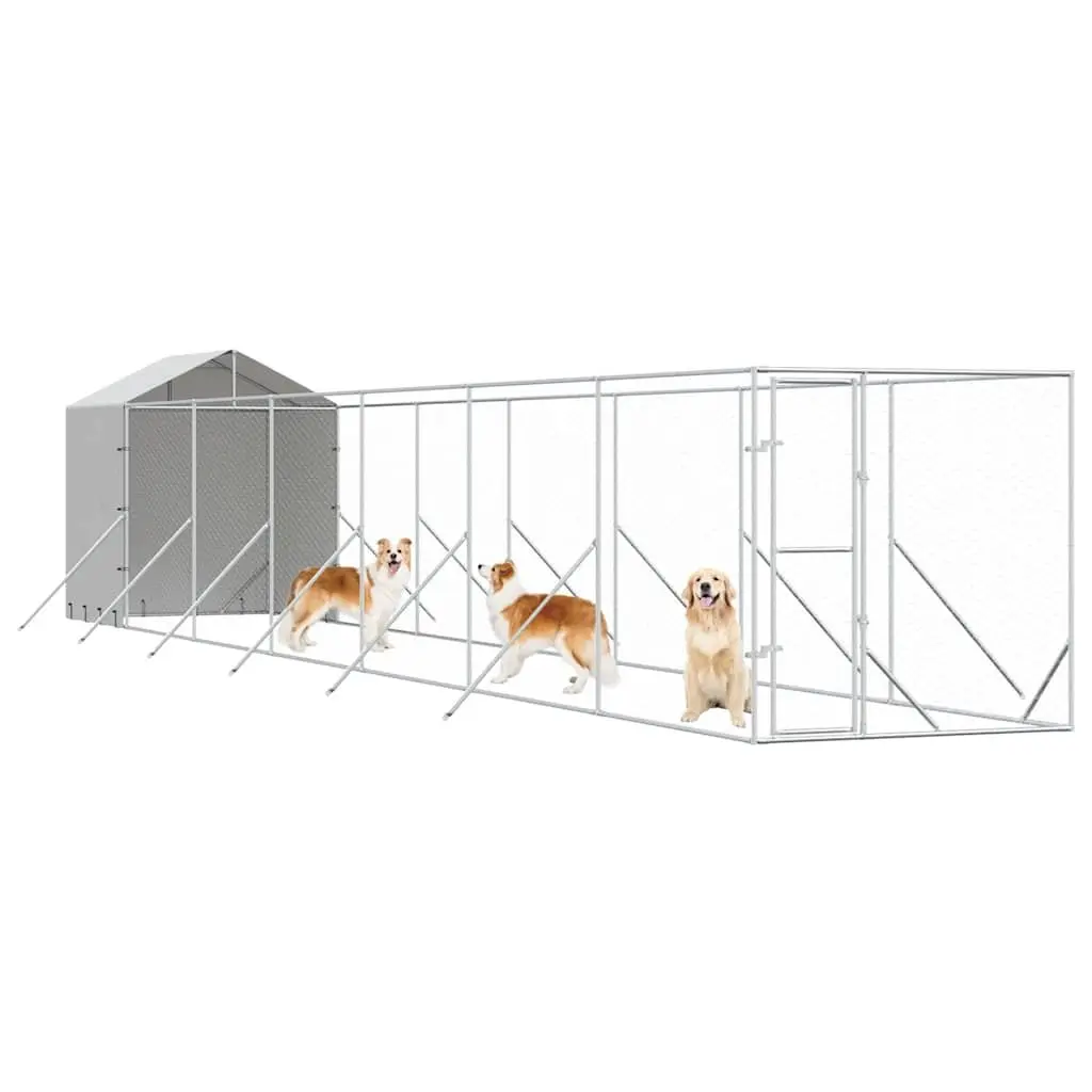 Outdoor Dog Kennel with Roof Silver Galvanised Steel Spacious Run Enclosure