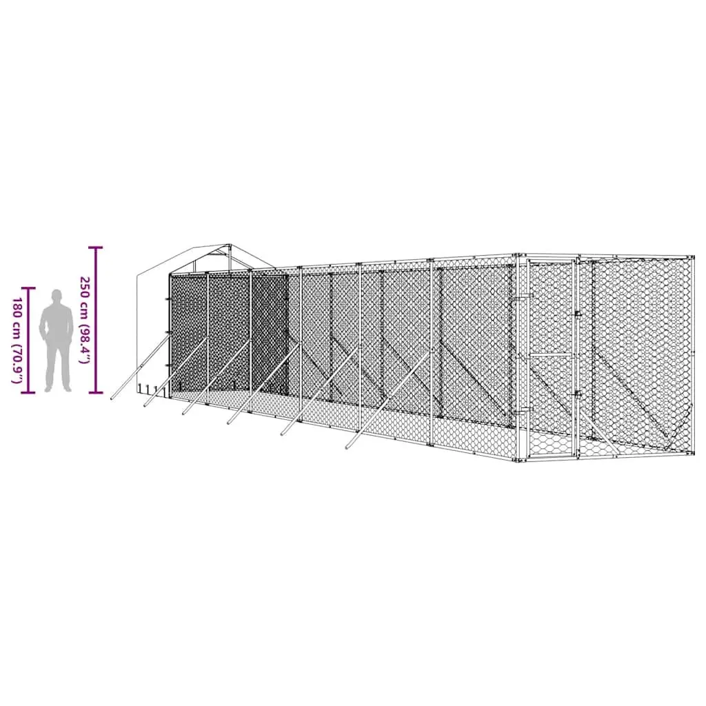 Outdoor Dog Kennel with Roof Silver Galvanised Steel Spacious Run Enclosure