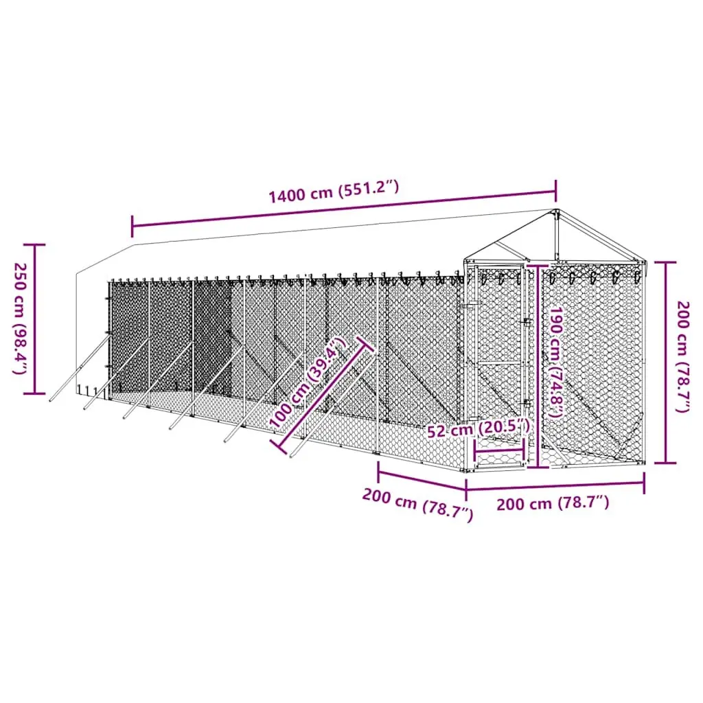 Galvanised Steel Outdoor Dog Kennel with Roof 2x14x2.5 m