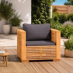 Solid Teak Wood Outdoor Sectional Sofa Chair with Grey Cushions