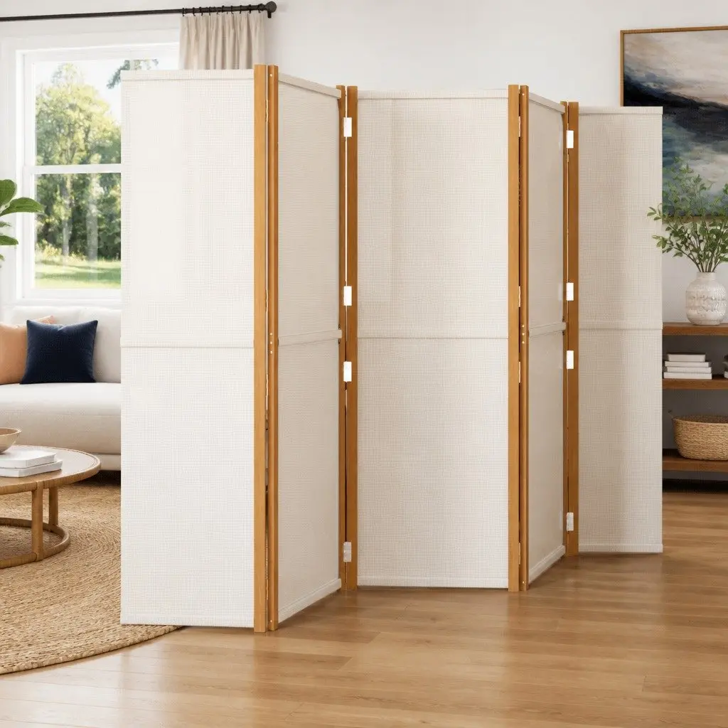5-Panel Cream White Folding Room Divider for Privacy