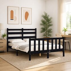 Sturdy Black Bed Frame 135x190 cm from Solid Pine Wood