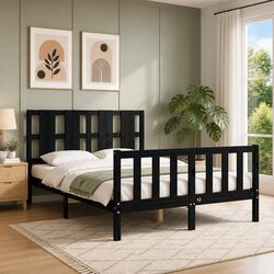Solid Pine Wood Black Bed Frame 135x190 cm with Headboard