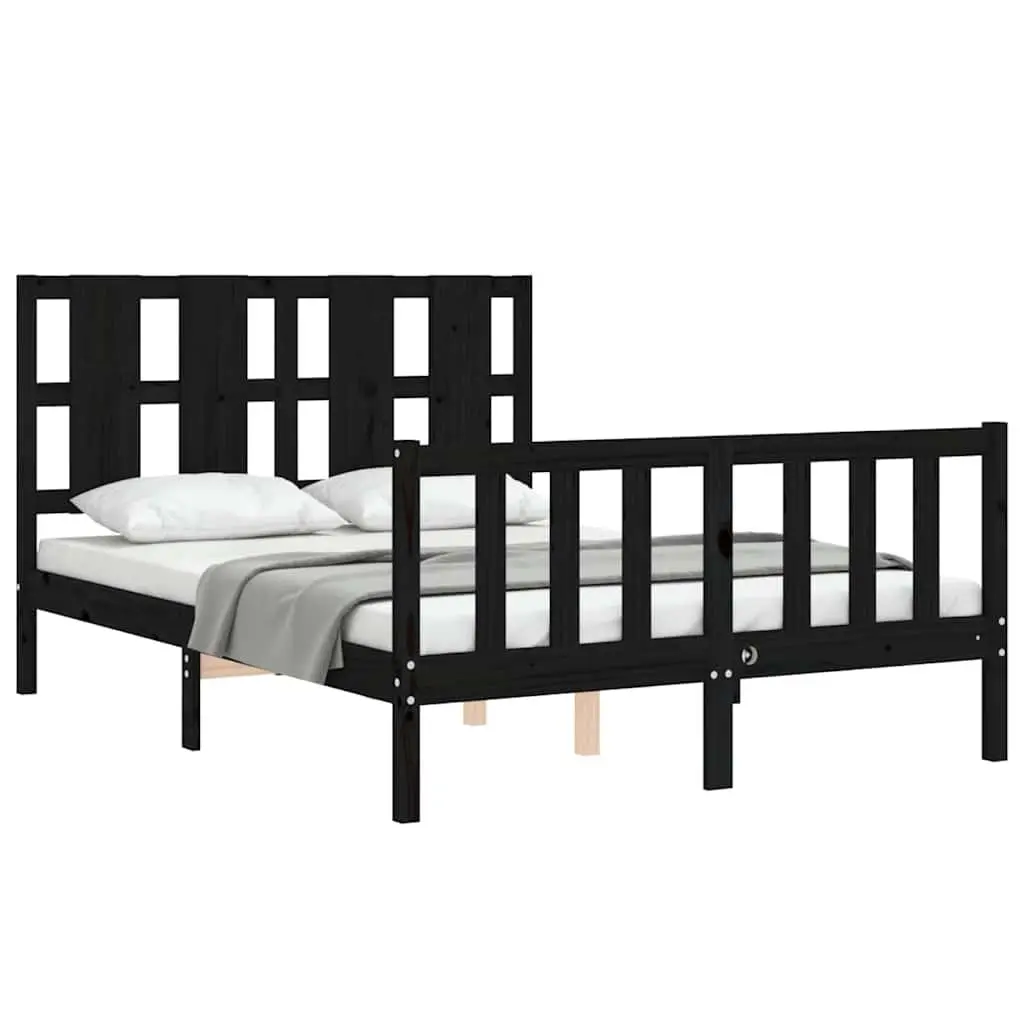 Solid Pine Wood Black Bed Frame 135x190 cm with Headboard