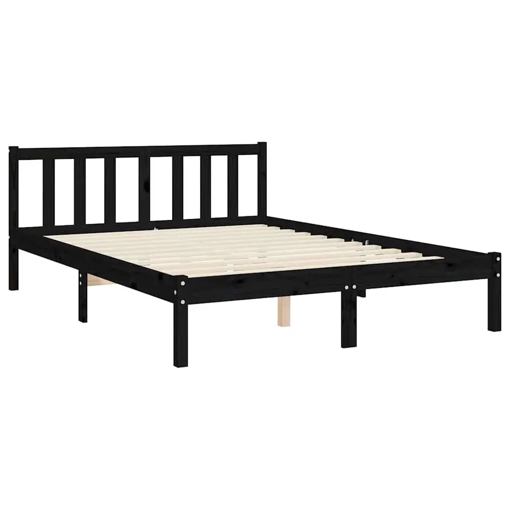 Solid Pine Wood Black Bed Frame 135x190 cm with Headboard