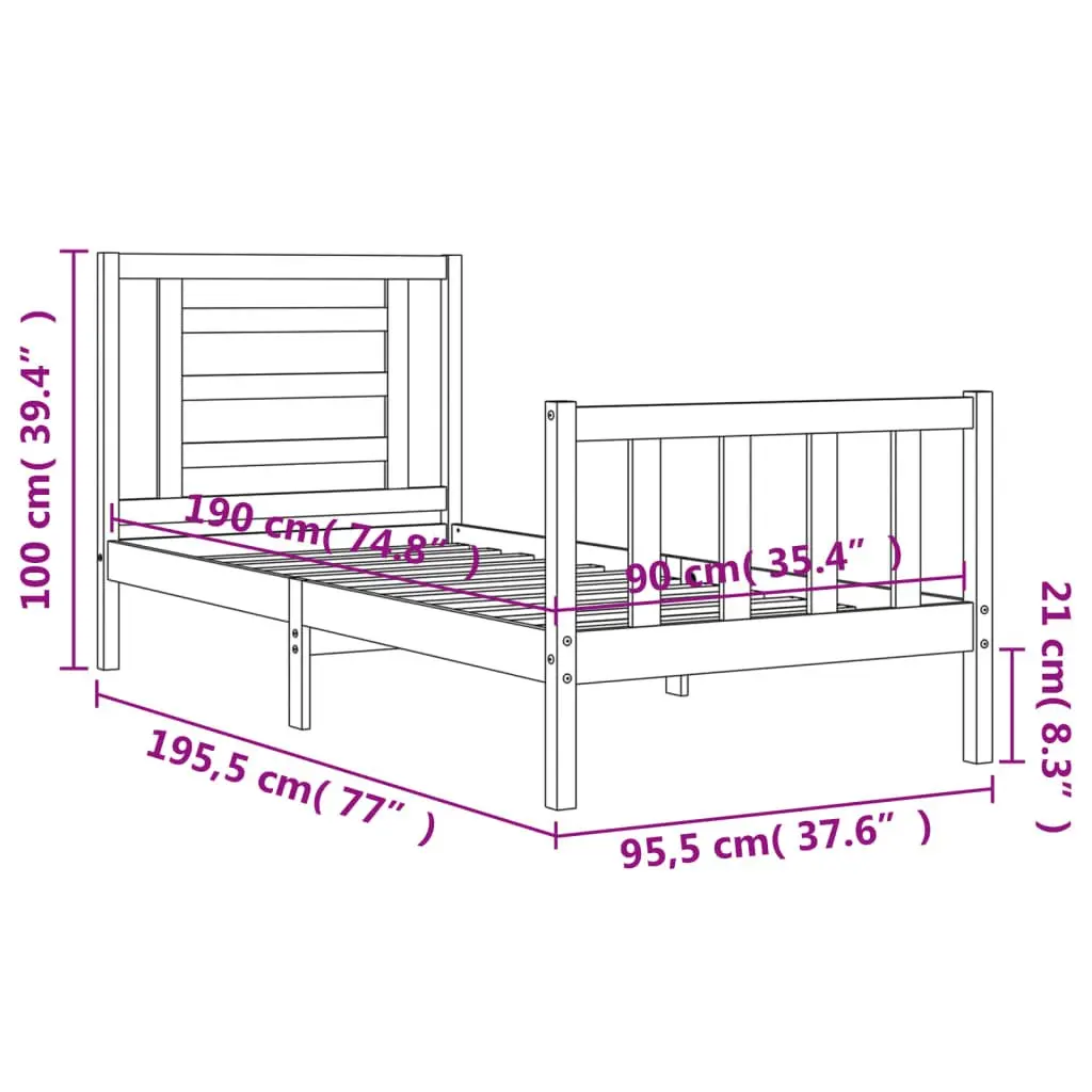 Solid Wood Pine Bed Frame 90x190 cm with Headboard