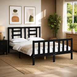 Premium Solid Pine Bed Frame 135x190 cm Black Design