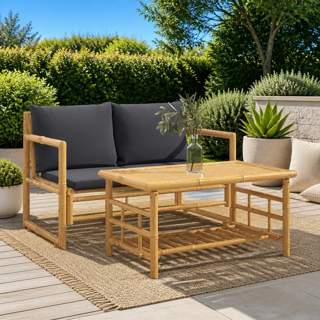 2 Piece Bamboo Lounge Set with Grey Cushions