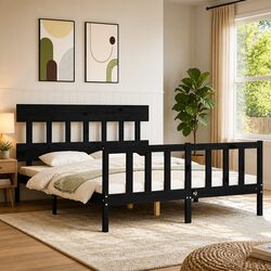 Solid Pine Wood Black Bed Frame 150x200 cm with Headboard