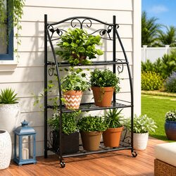 Sturdy 3-Tier Plant Stand in Black Steel for Home and Garden