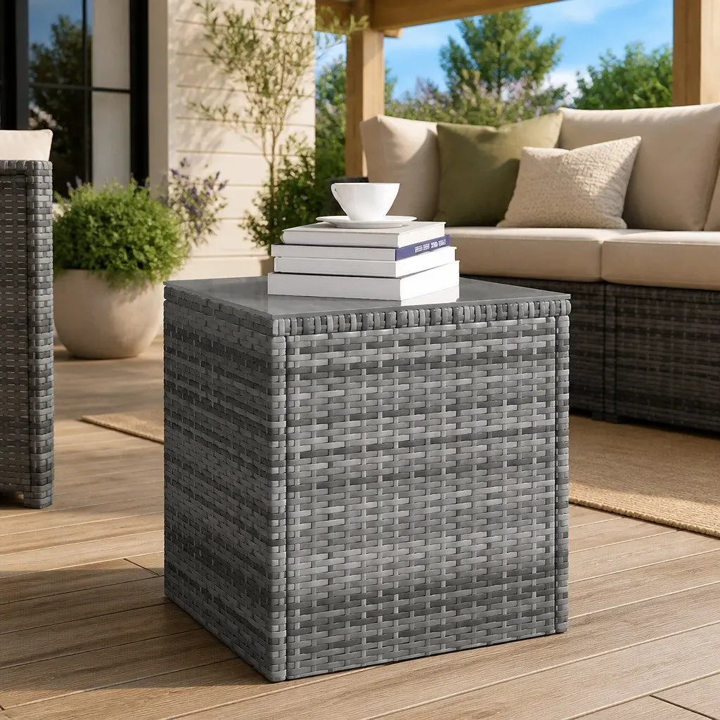 Grey Outdoor Garden Accent Side Table with Glass Top
