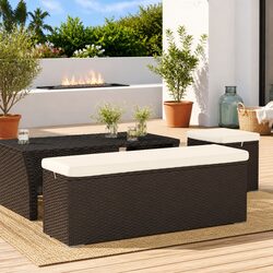 Sturdy Brown Poly Rattan Outdoor Ottoman Bench with Cushion