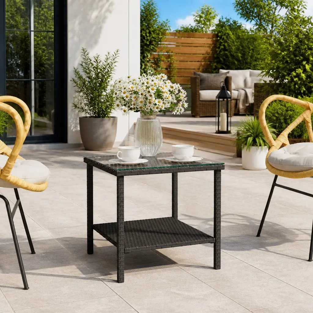 Side Table Black 45x45x45cm Poly Rattan Tempered Glass Top Garden Patio Outdoor