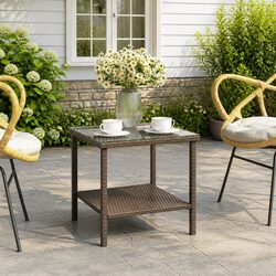 Side Table Brown 45x45x45cm Poly Rattan Tempered Glass Storage Shelf Indoor