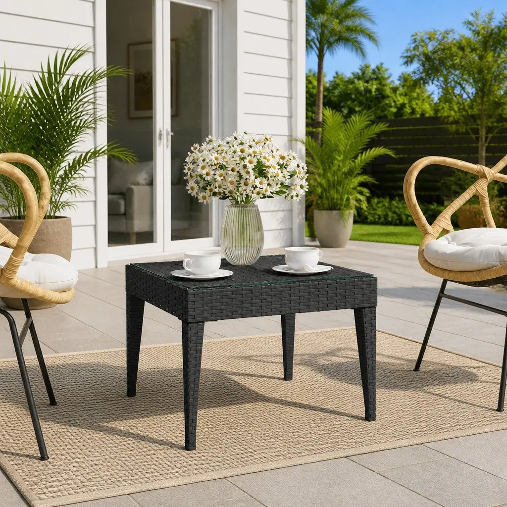 Side Table Poly Rattan 50x50x38 cm Black Tempered Glass Indoor Outdoor Accent