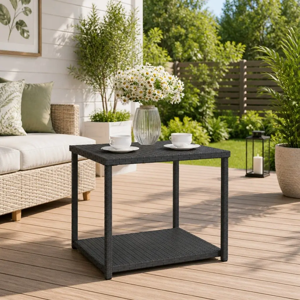 Black Poly Rattan Side Table with Storage