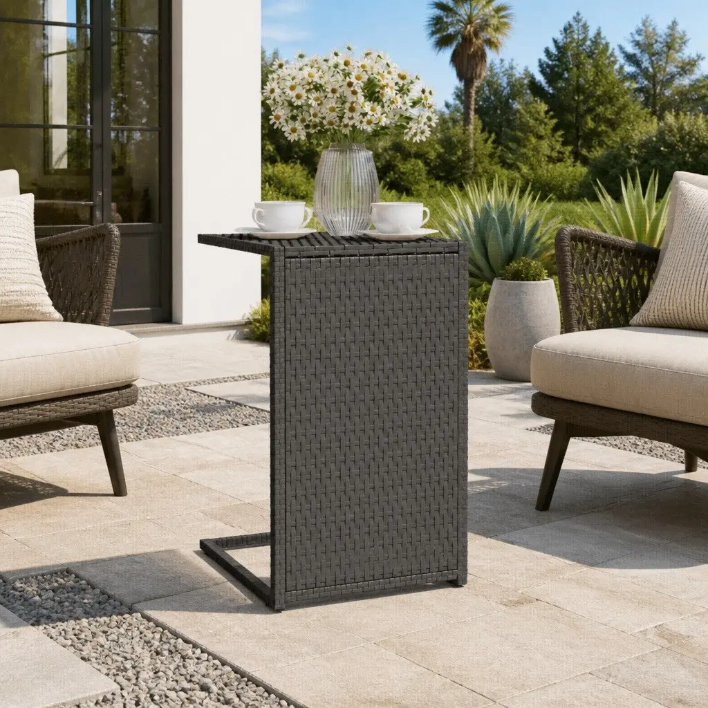 C-Shaped Side Table Black 40x35x60cm Poly Rattan Accent End Table Sofa
