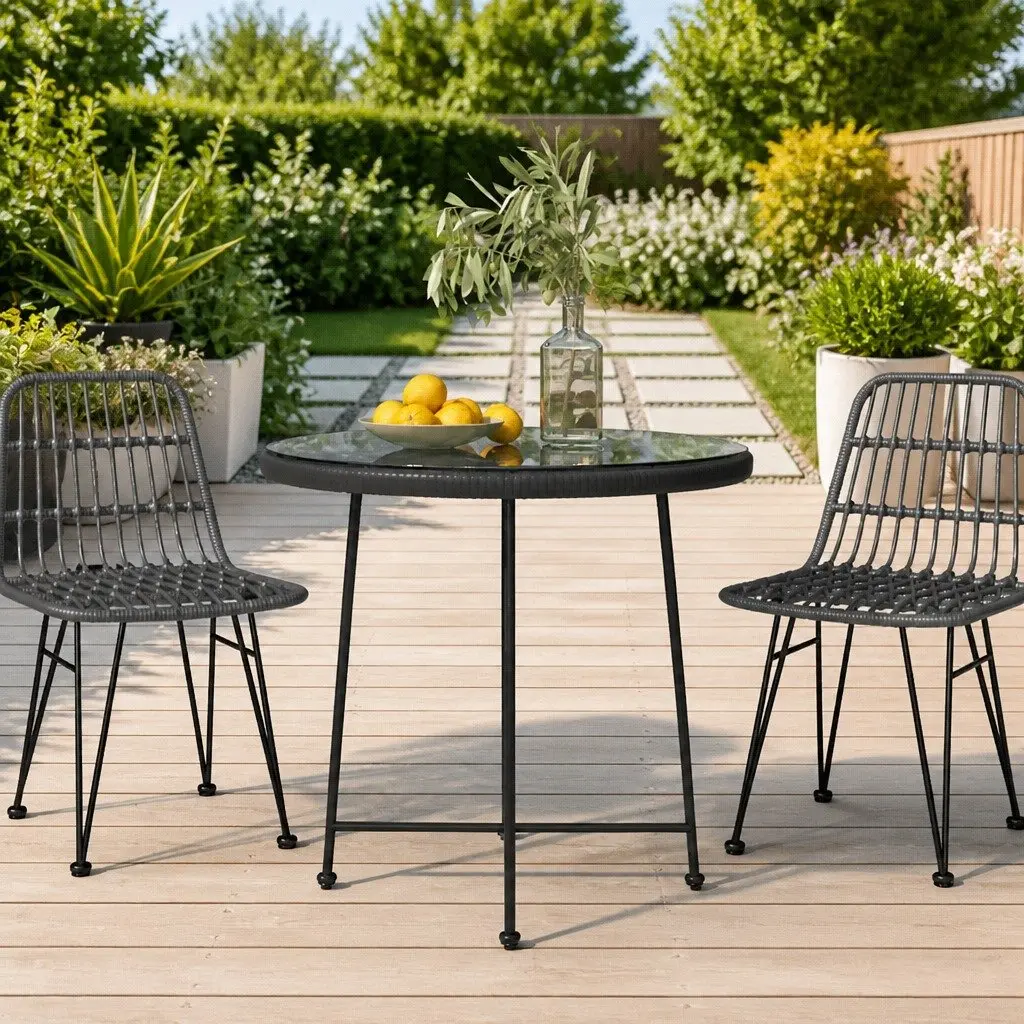 Round Black Tempered Glass Outdoor Dining Table