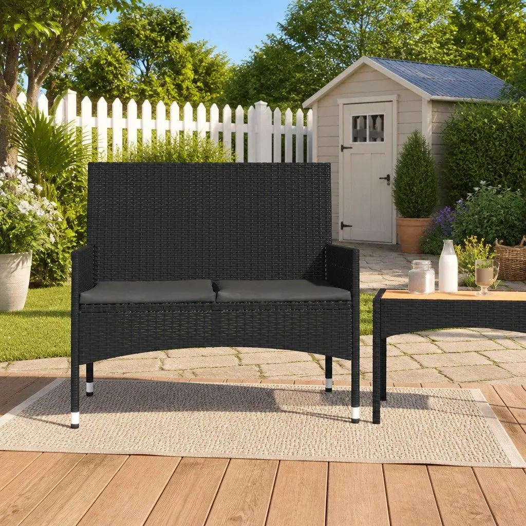 2SeaterGardenBenchBlackWithCushionsPolyRattanArmrestBackrestOutdoorFurniture