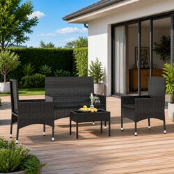Premium 4 Piece Outdoor Garden Lounge Set in Black Poly Rattan