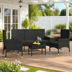Durable 4 Piece Black Outdoor Lounge Set with Cushions