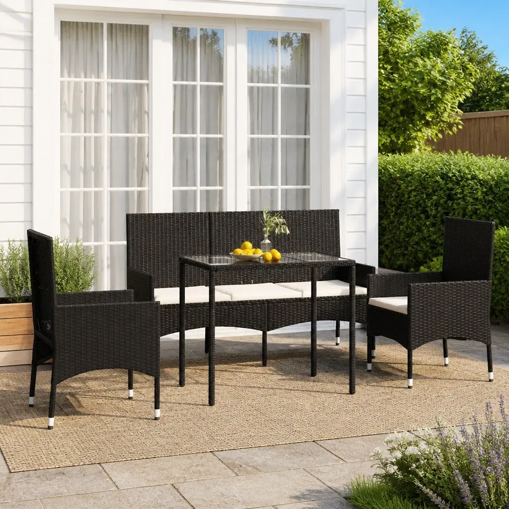Garden Lounge Set Poly Rattan 4 Piece Outdoor Furniture Black with Cushions