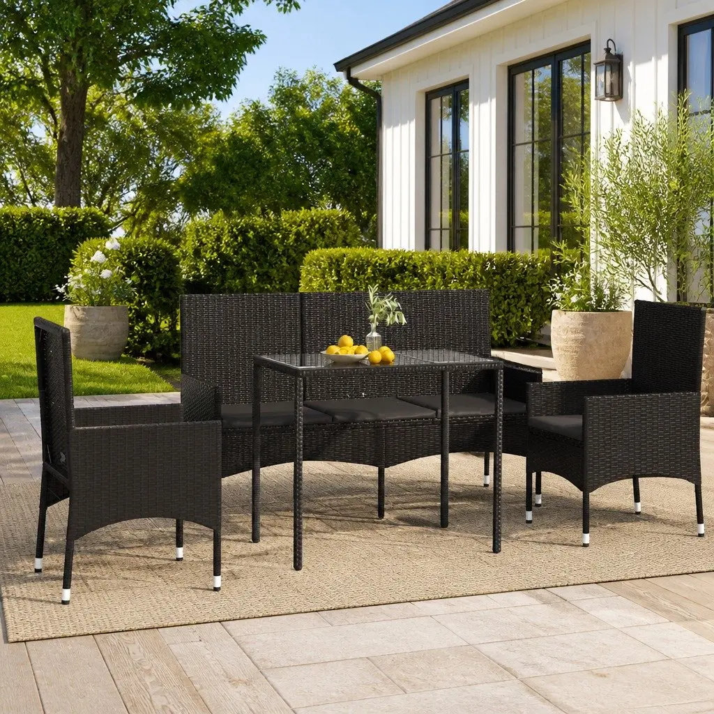 4 Piece Garden Lounge Set Poly Rattan Black with Cushions