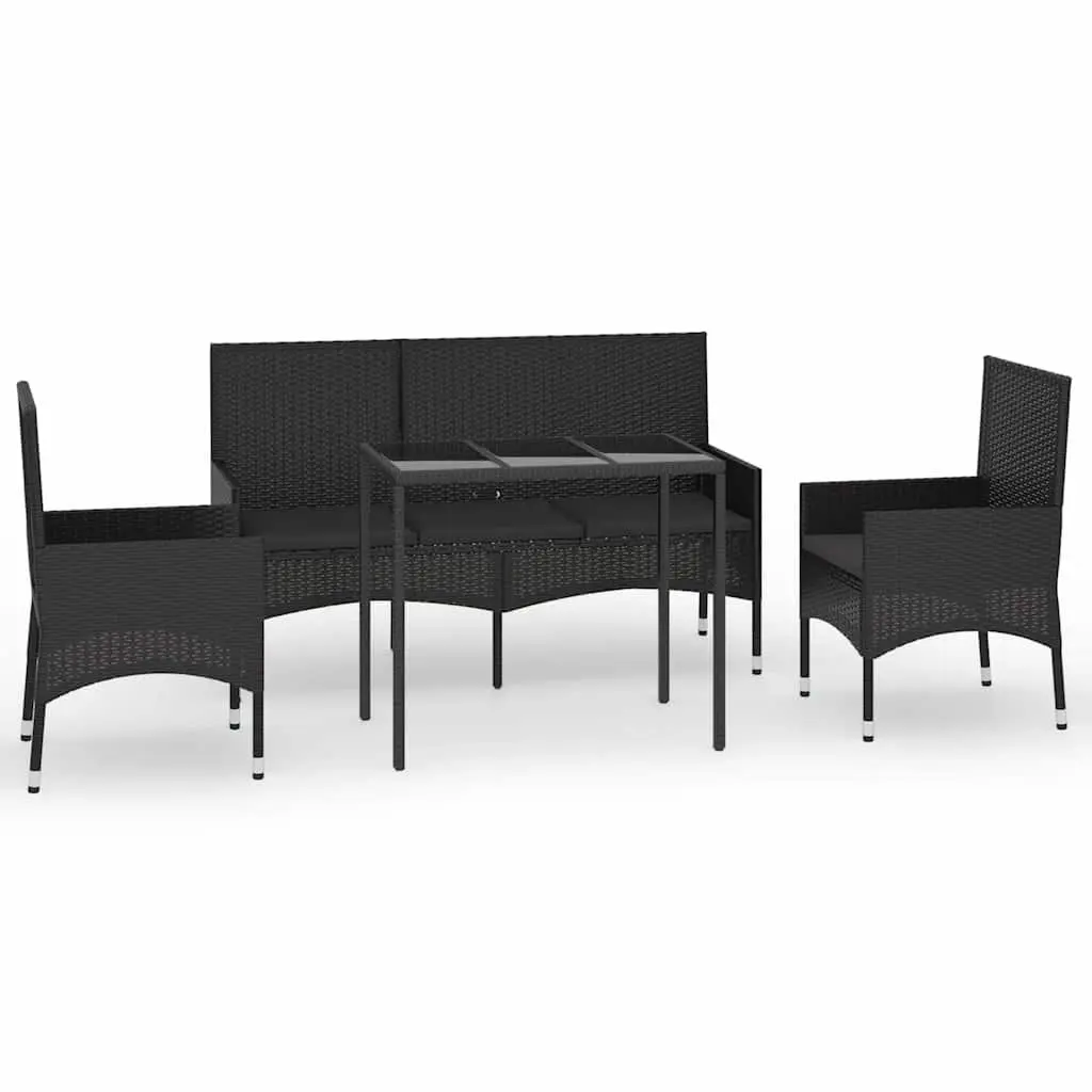 4 Piece Garden Lounge Set Poly Rattan Black with Cushions