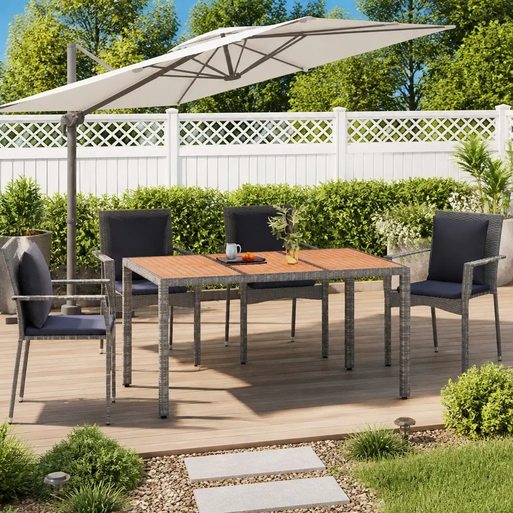 Grey Poly Rattan Garden Table with Wooden Top