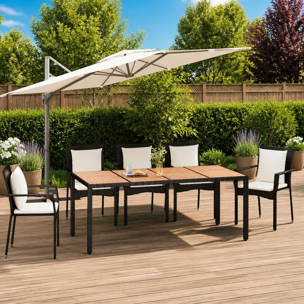Garden Table Poly Rattan Black Frame Acacia Wooden Top