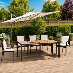 Black Frame Poly Rattan Garden Table with Acacia Top