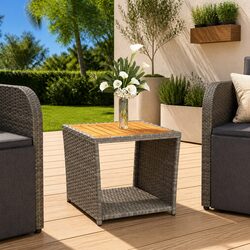 Sturdy Grey Poly Rattan Tea Table with Wooden Top