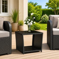 Stylish Black Poly Rattan Outdoor Tea Table with Glass Top