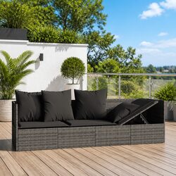 Stylish Outdoor Lounge Bed with Cushions Grey Poly Rattan
