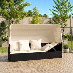 Black Poly Rattan Outdoor Lounge Bed with Adjustable Roof