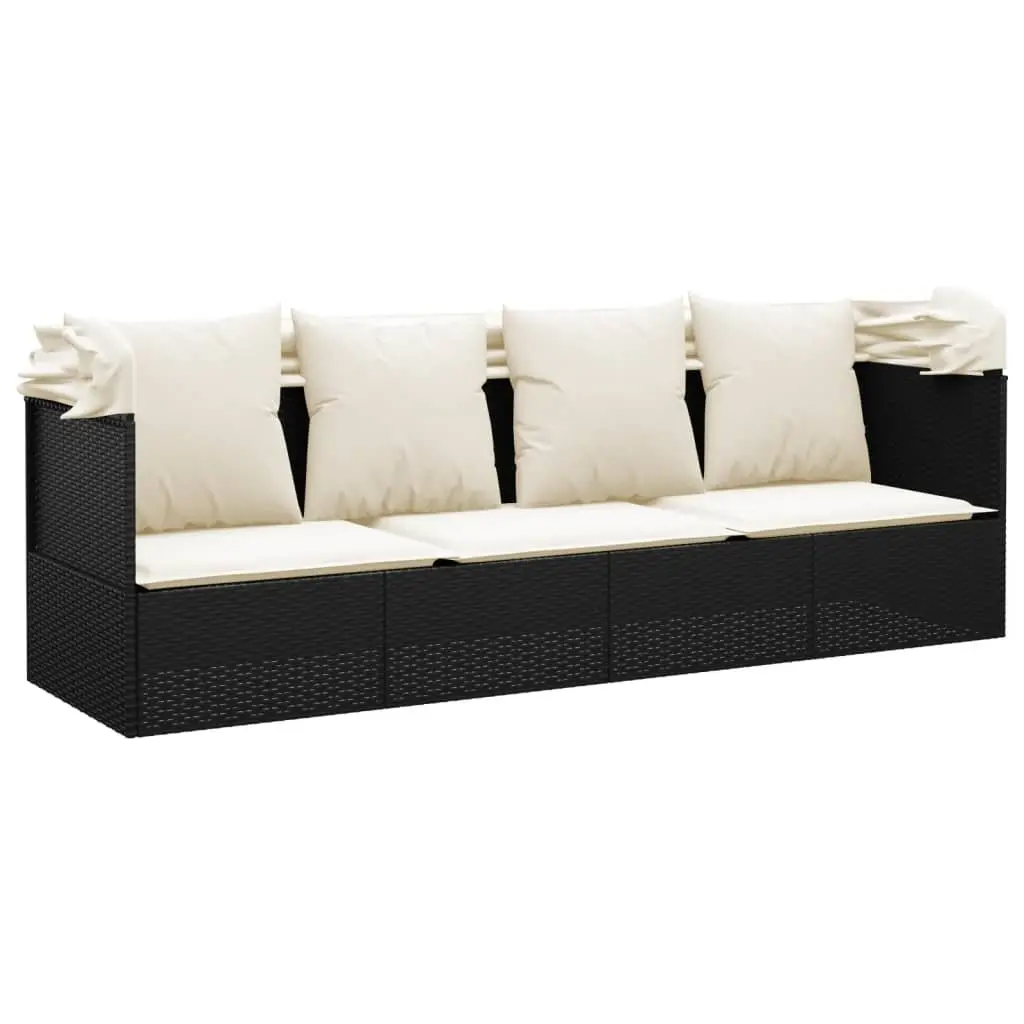Black Poly Rattan Outdoor Lounge Bed with Adjustable Roof