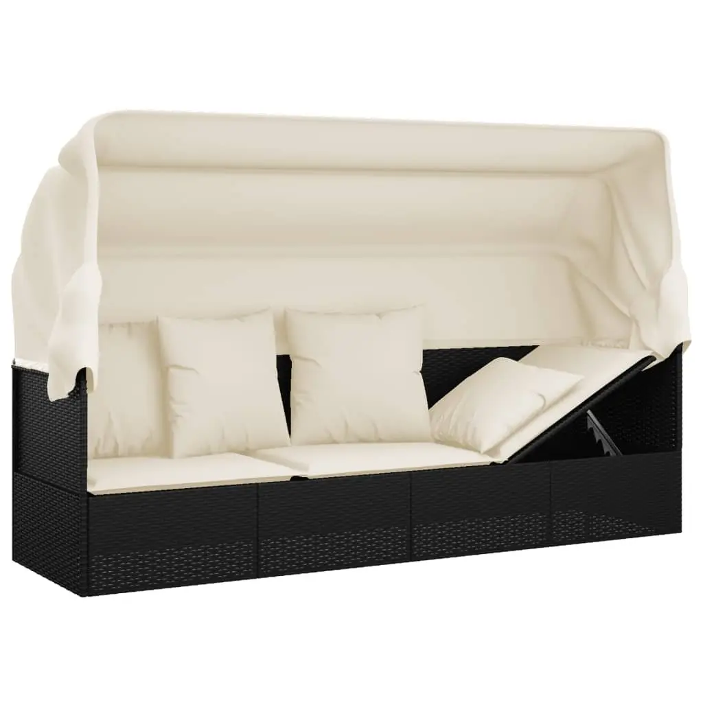 Black Poly Rattan Outdoor Lounge Bed with Adjustable Roof
