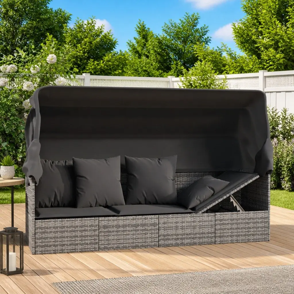 Grey Poly Rattan Outdoor Lounge Bed with Adjustable Roof