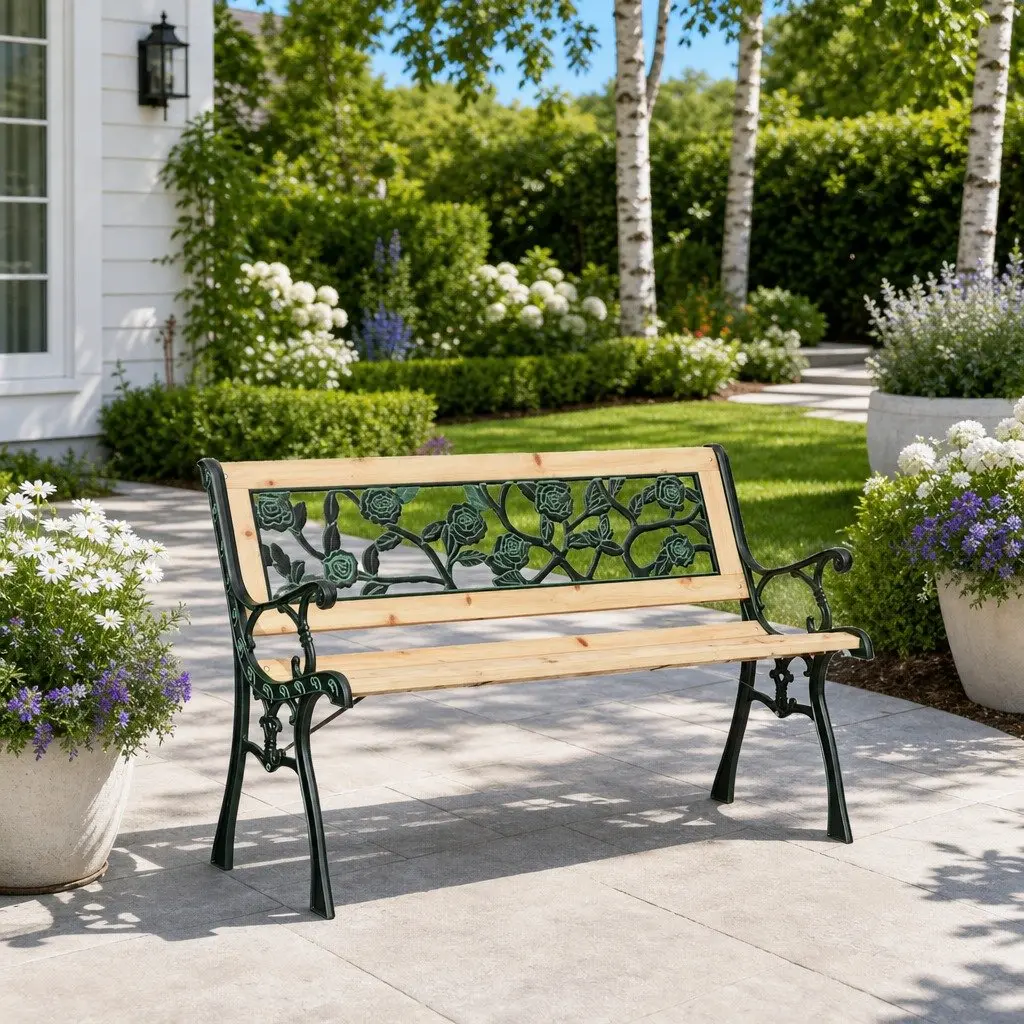 Brown Wooden Garden Bench with Weather-Resistant Cushion