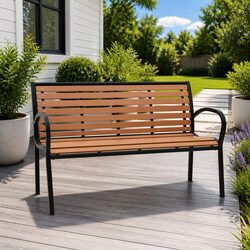 Sturdy 116cm Brown Steel Frame Garden Bench with WPC Slats